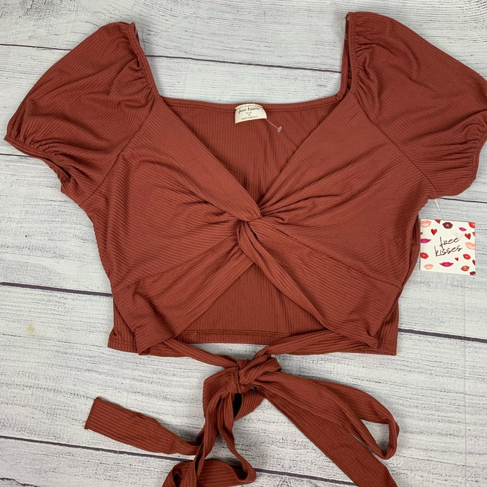 FREE KISSES Tie Waist Crop Top Junior’s Plus Sz 1X, 3X Burnt Orange Belly Shirt
